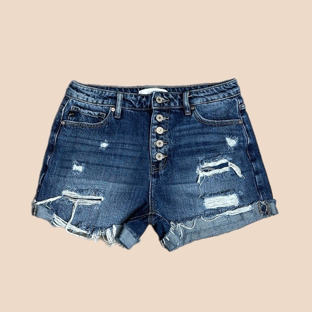 KanCan High Rise Distressed Turn Up Hem Denim Shorts Blue Sz 7/27